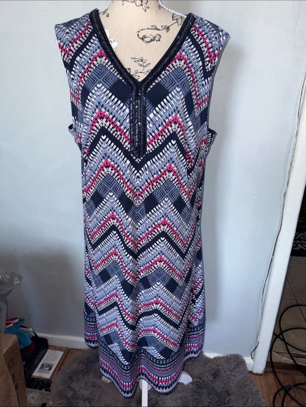 JM Collection Navy, Pink & White Chevron Maxi Dress - Picture 3 of 4